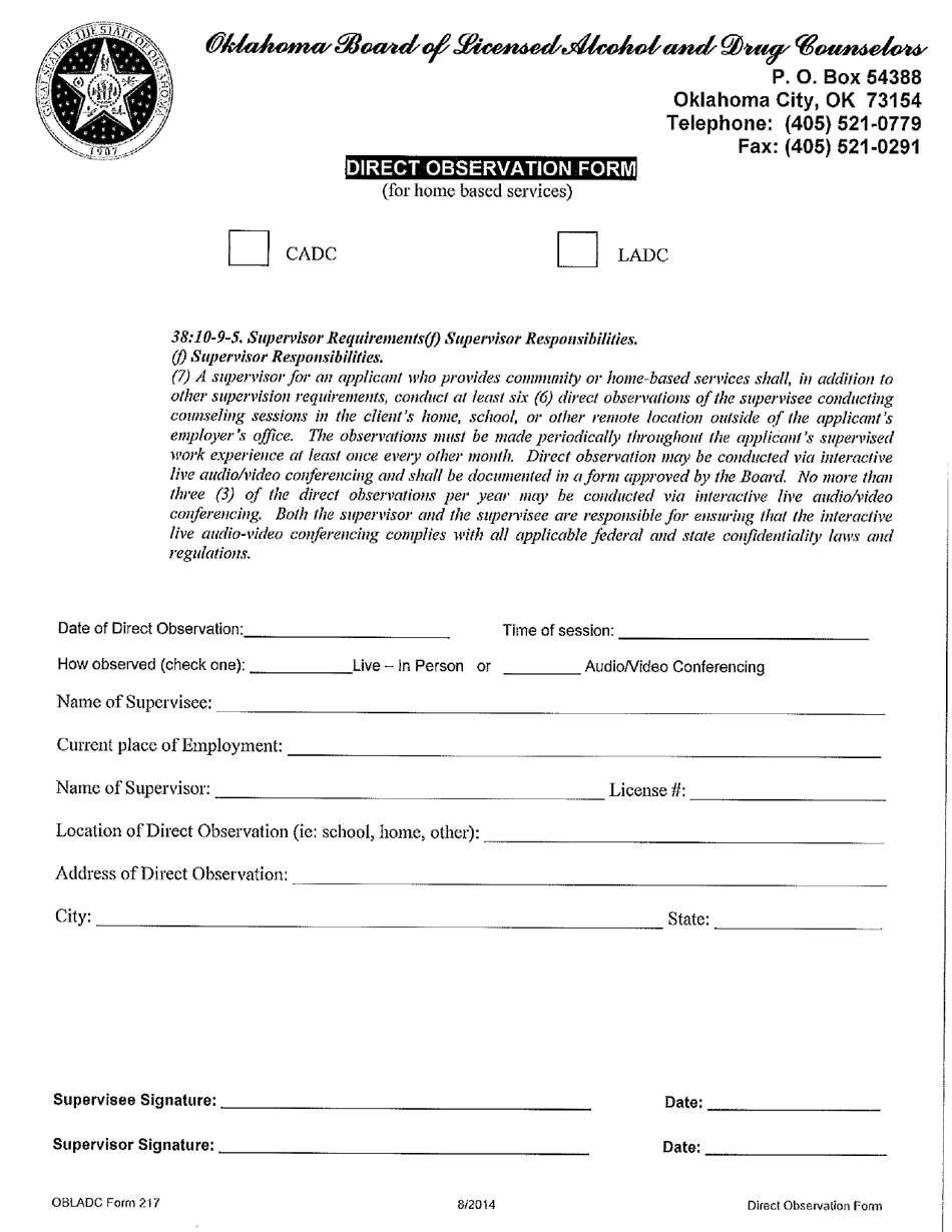 OBLADC Form 217 Direct Observation Form (For Home Based Services) - Oklahoma, Page 1