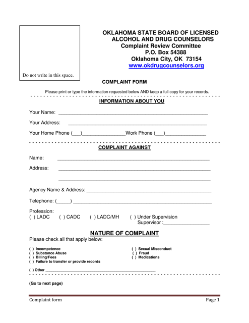 Oklahoma Complaint Form Download Printable PDF Templateroller