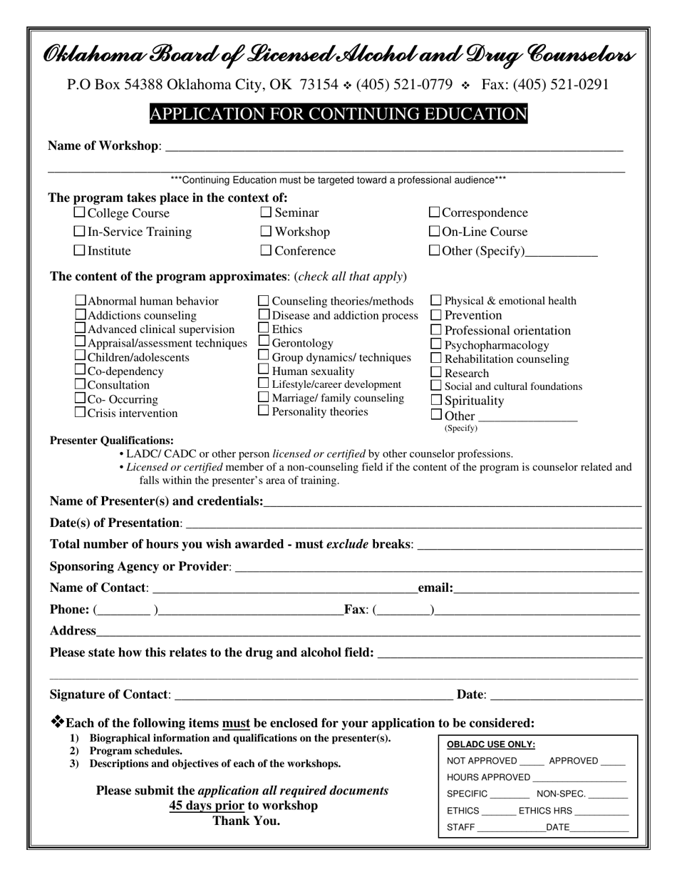 Application for Continuing Education - Oklahoma, Page 1
