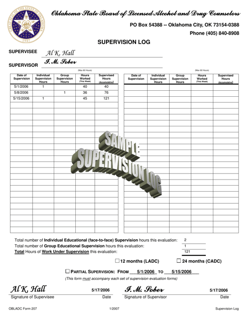 Sample OBLADC Form 207 Supervision Log - Oklahoma