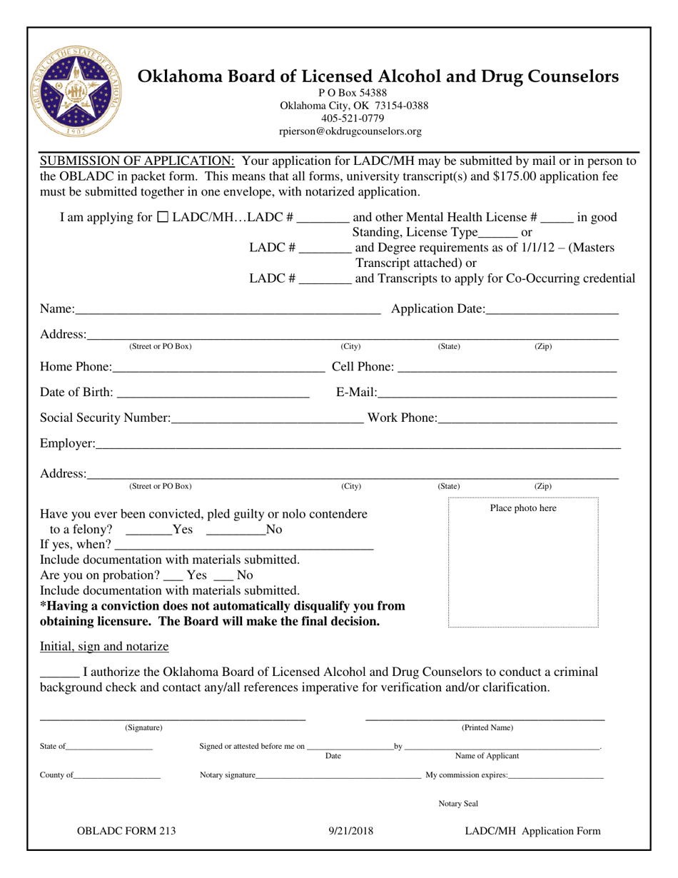 OBLADC Form 213 Ladc / Mh Application Form - Oklahoma, Page 1