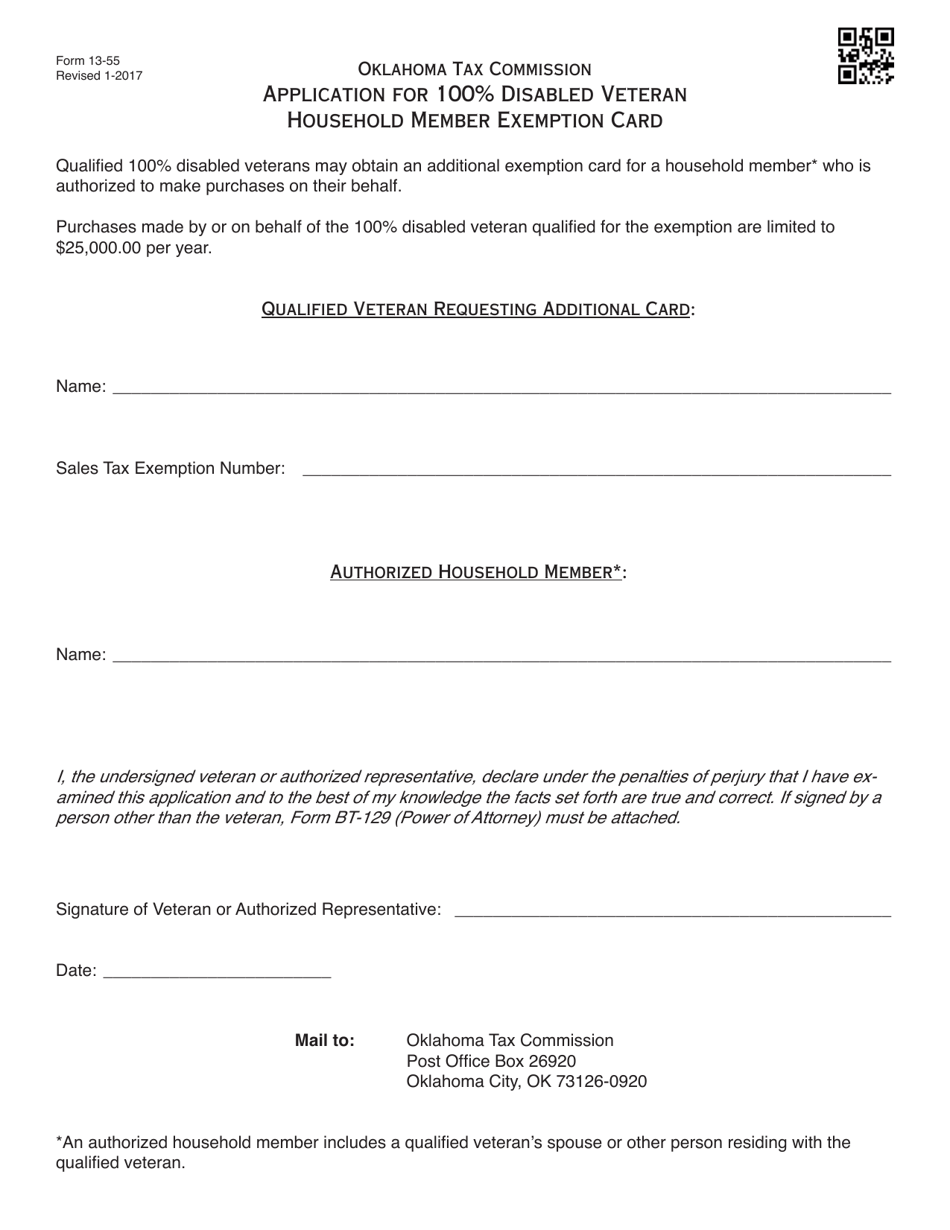 OTC Form 13-55 Application for 100% Disabled Veteran Household Member Exemption Card - Oklahoma, Page 1