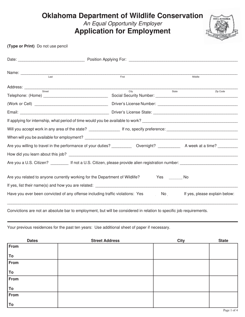Application for Employment - Oklahoma, Page 1
