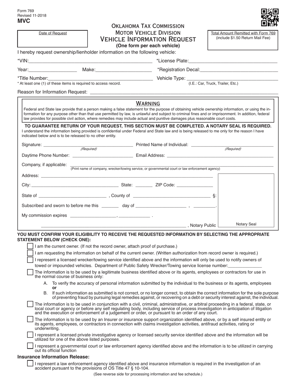 OTC Form 769 Vehicle Information Request - Oklahoma, Page 1