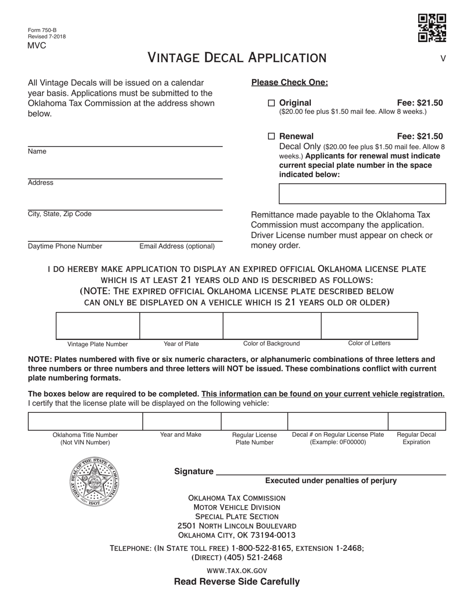 OTC Form 750-B Vintage Decal Application - Oklahoma, Page 1