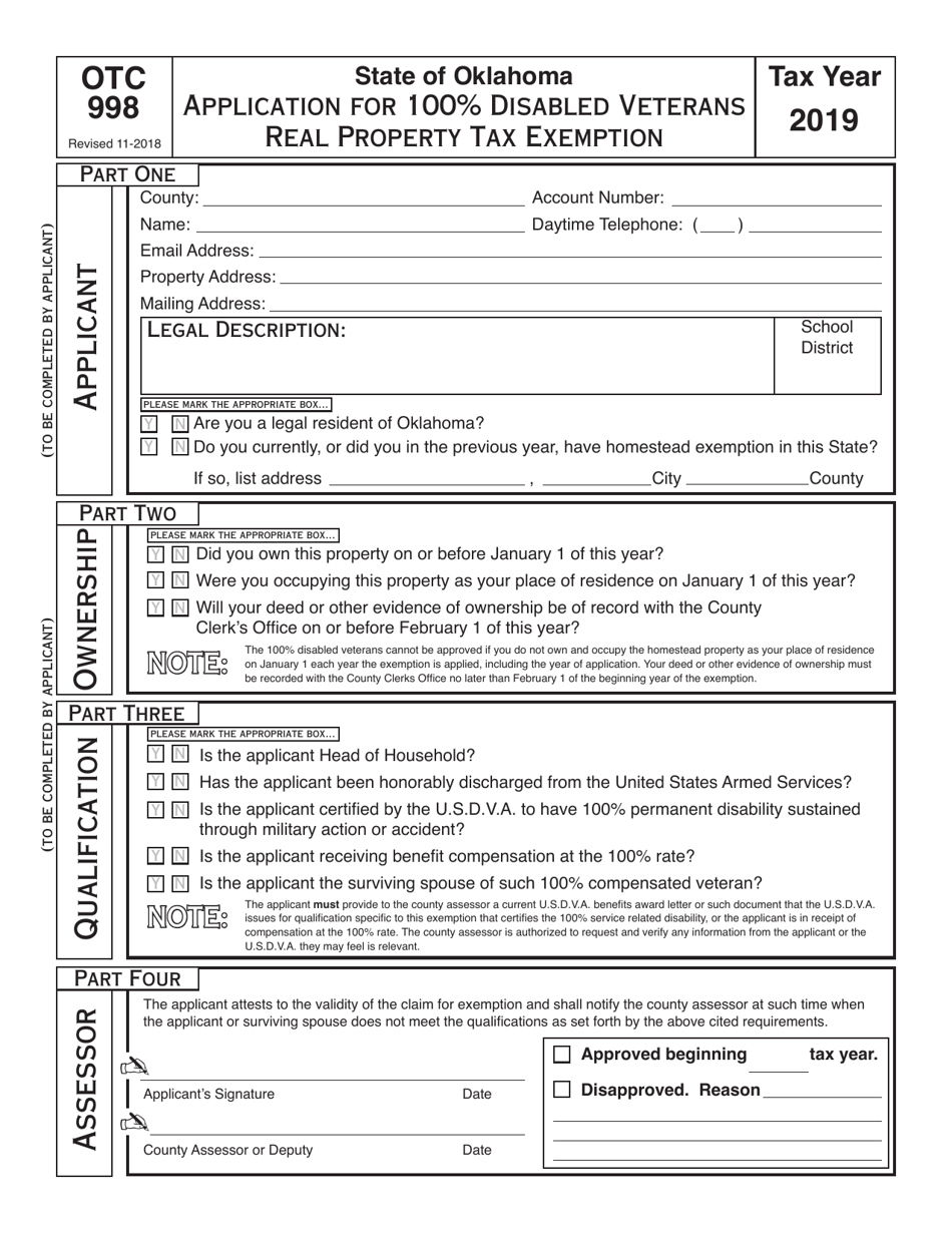 OTC Form OTC998 Application for 100% Disabled Veterans Real Property Tax Exemption - Oklahoma, Page 1