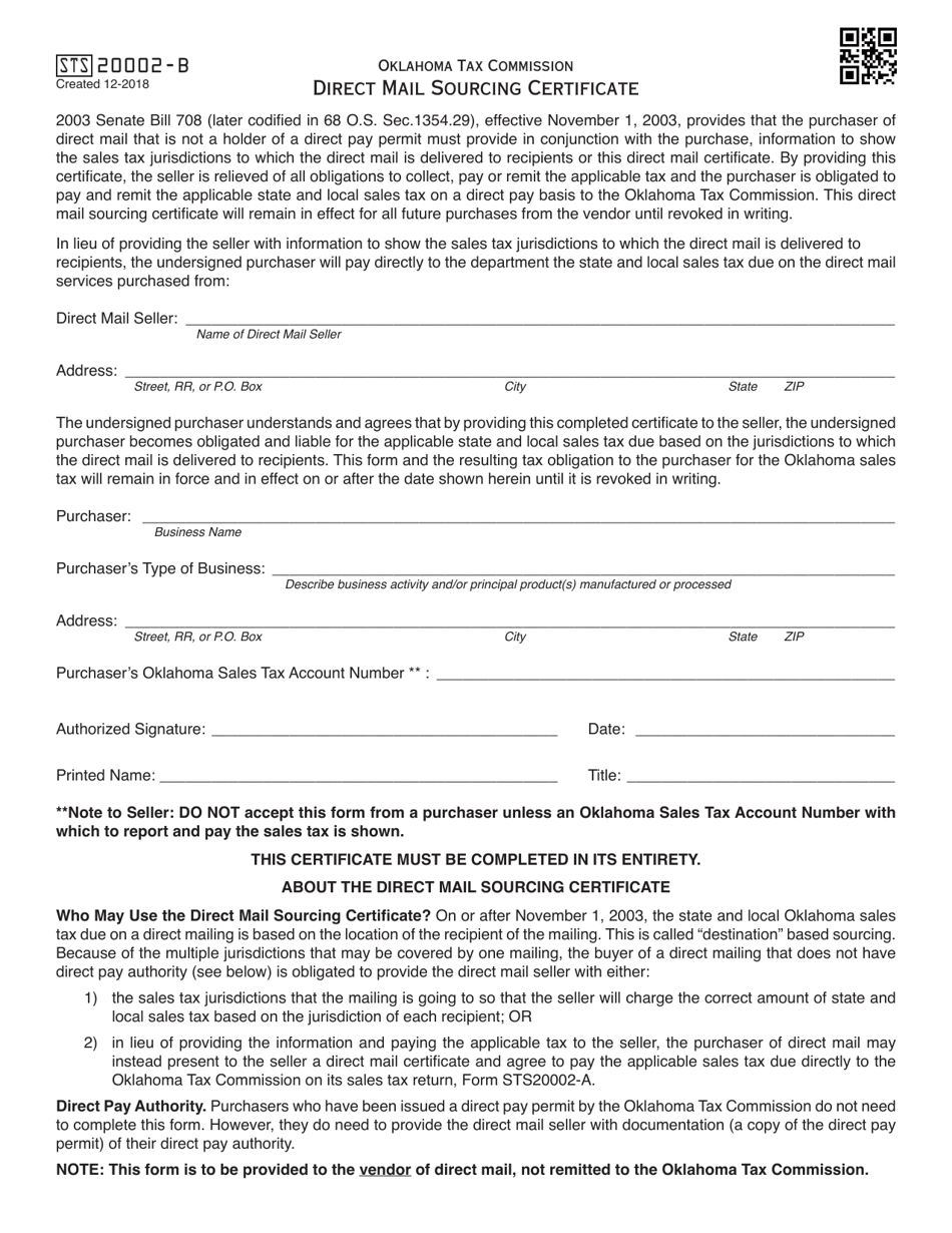 OTC Form STS20002-B Direct Mail Sourcing Certificate - Oklahoma, Page 1