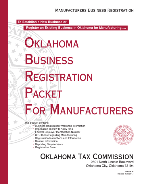 Packet M - Oklahoma Business Registration Packet for Manufacturers - Oklahoma Download Pdf