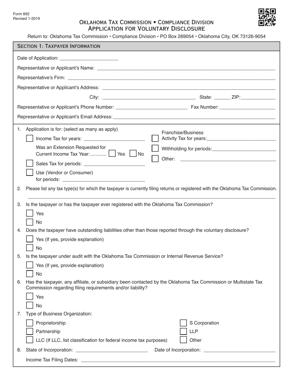 OTC Form 892 Application for Voluntary Disclosure - Oklahoma, Page 1