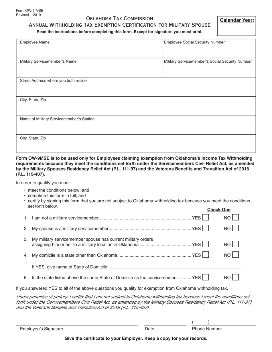 OTC Form OW-9-MSE Annual Withholding Tax Exemption Certification for Military Spouse - Oklahoma, Page 1