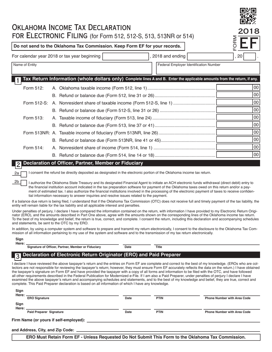 OTC Form EF Oklahoma Income Tax Declaration for Electronic Filing (For Form 512, 512-s, 513, 513nr or 514) - Oklahoma, Page 1