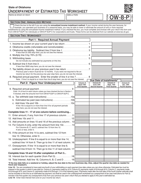 OTC Form OW-8-P Underpayment of Estimated Tax Worksheet - Oklahoma, 2018