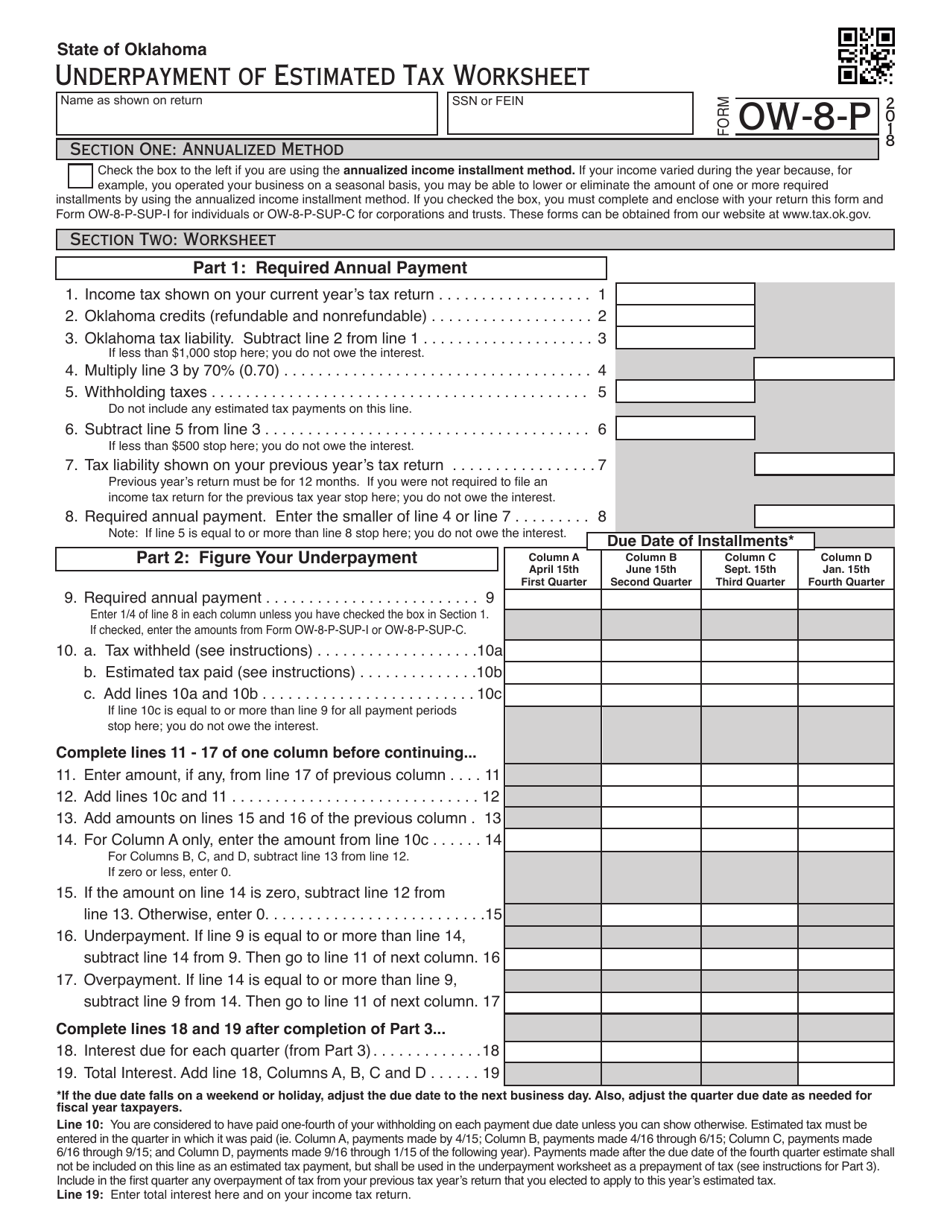 OTC Form OW-8-P Underpayment of Estimated Tax Worksheet - Oklahoma, Page 1
