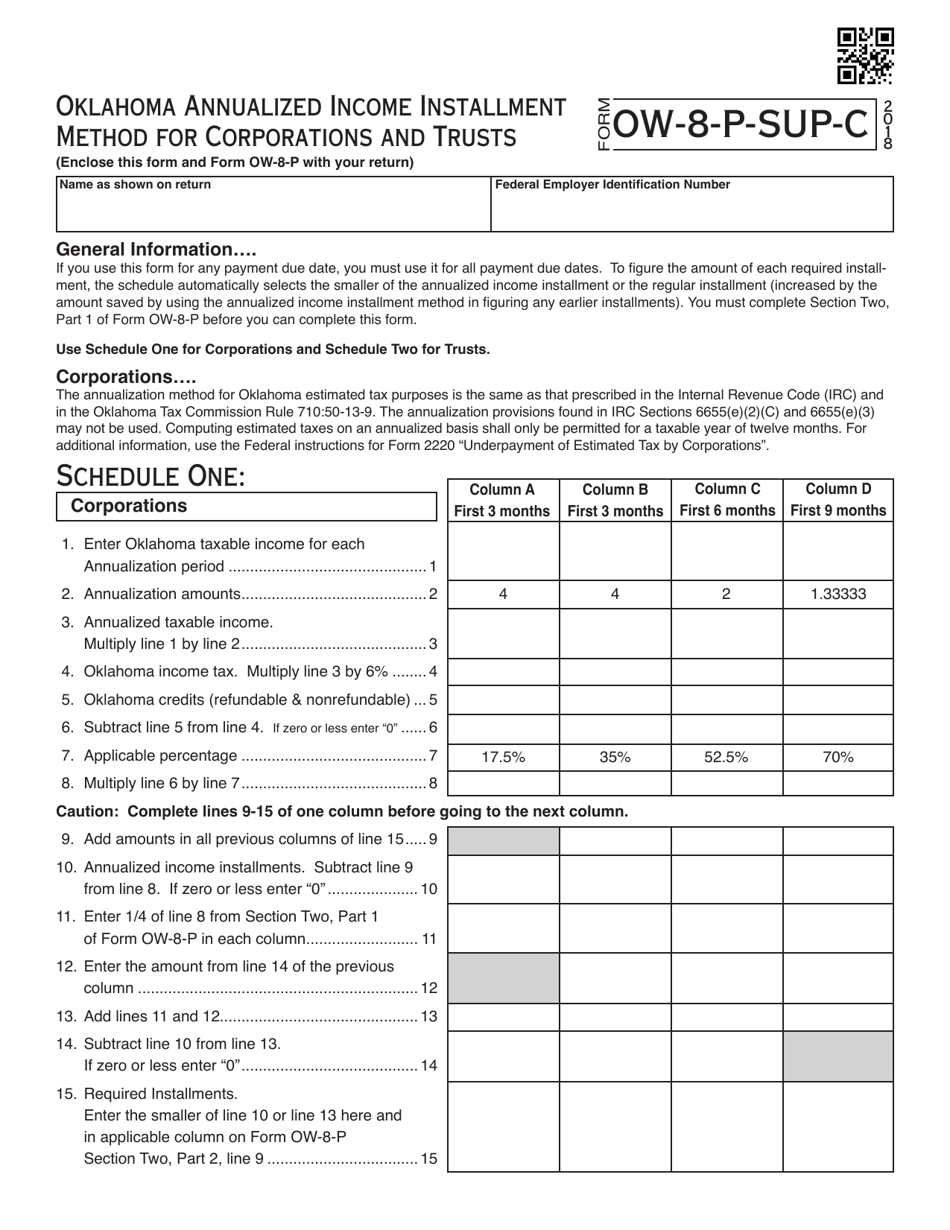 OTC Form OW-8-P-SUP-C Oklahoma Annualized Income Installment Method for Corporations and Trusts - Oklahoma, Page 1