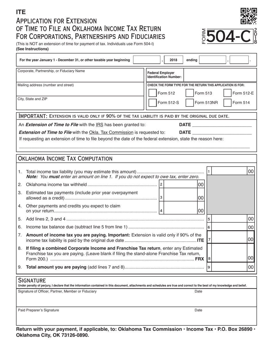 OTC Form 504-C Application for Extension of Time to File an Oklahoma Income Tax Return for Corporations, Partnerships and Fiduciaries - Oklahoma, Page 1