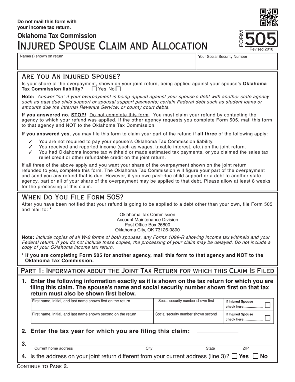 OTC Form 505 Download Fillable PDF Or Fill Online Injured Spouse Claim otc-form-505-download-fillable-pdf-or-fill-online-injured-spouse-claim