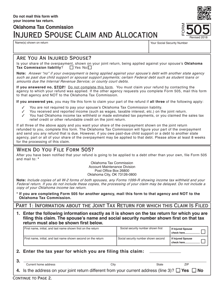 OTC Form 505 Injured Spouse Claim and Allocation - Oklahoma, Page 1