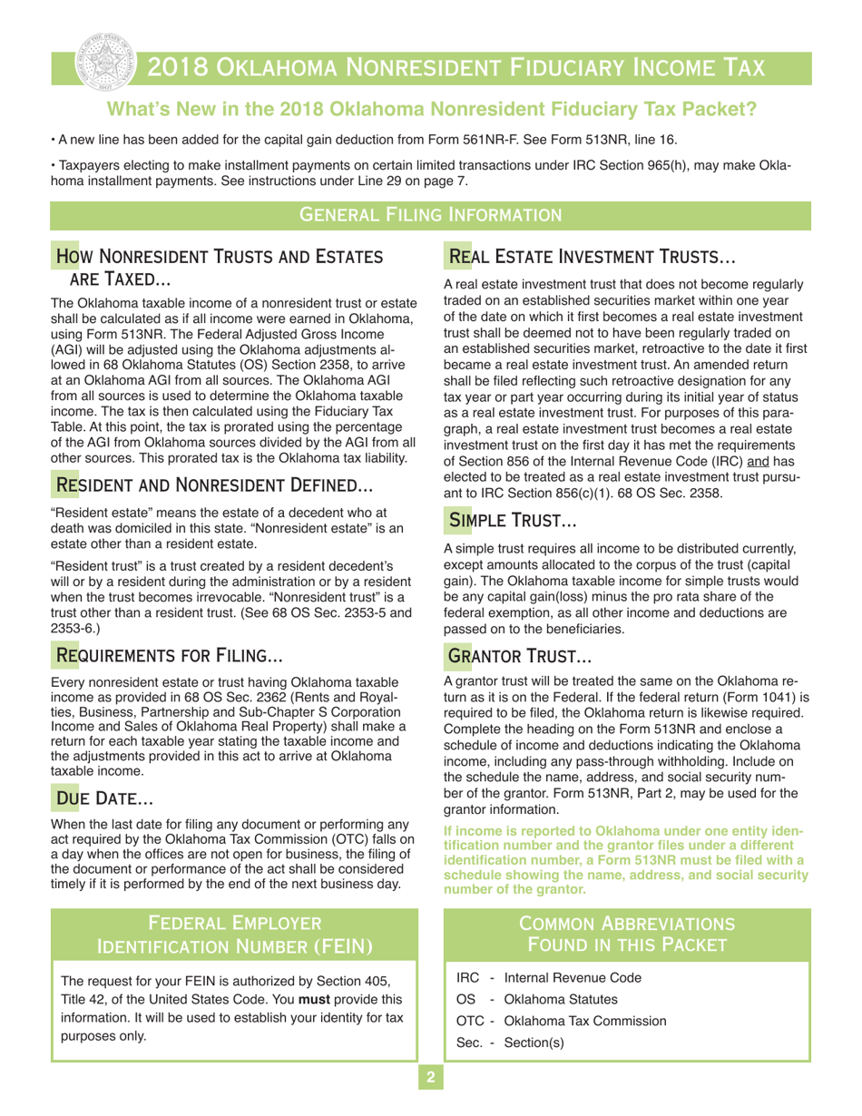 Fiduciary Nonresident Income Tax Return Packet - Oklahoma, Page 2
