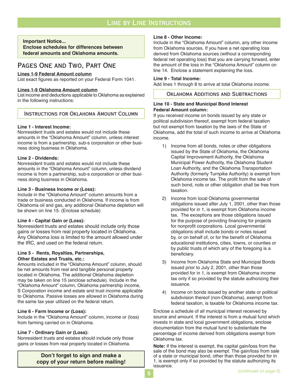 Fiduciary Nonresident Income Tax Return Packet - Oklahoma, Page 5