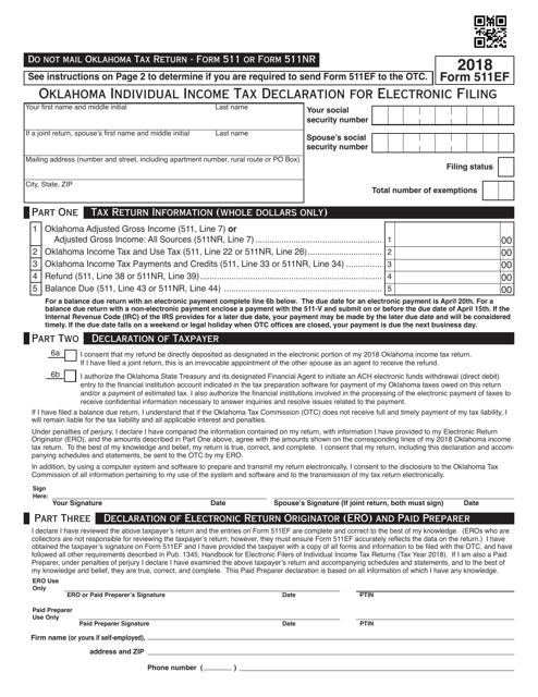 OTC Form 511EF Oklahoma Individual Income Tax Declaration for Electronic Filing - Oklahoma, 2018