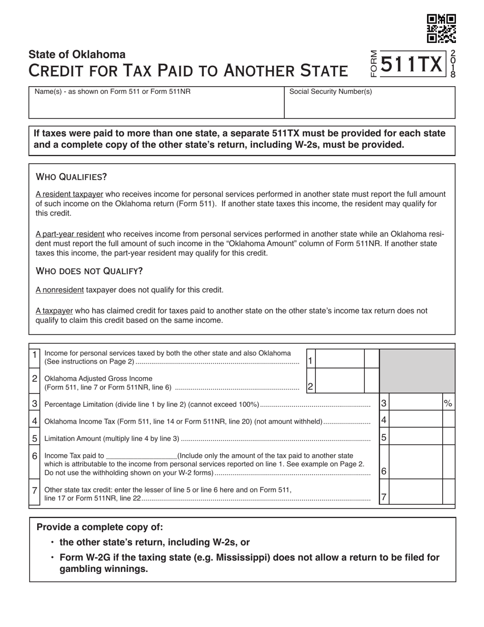 OTC Form 511TX Credit for Tax Paid to Another State - Oklahoma, Page 1