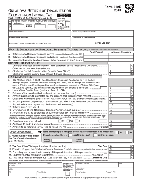 OTC Form 512E Oklahoma Return of Organization Exempt From Income Tax - Oklahoma, 2018