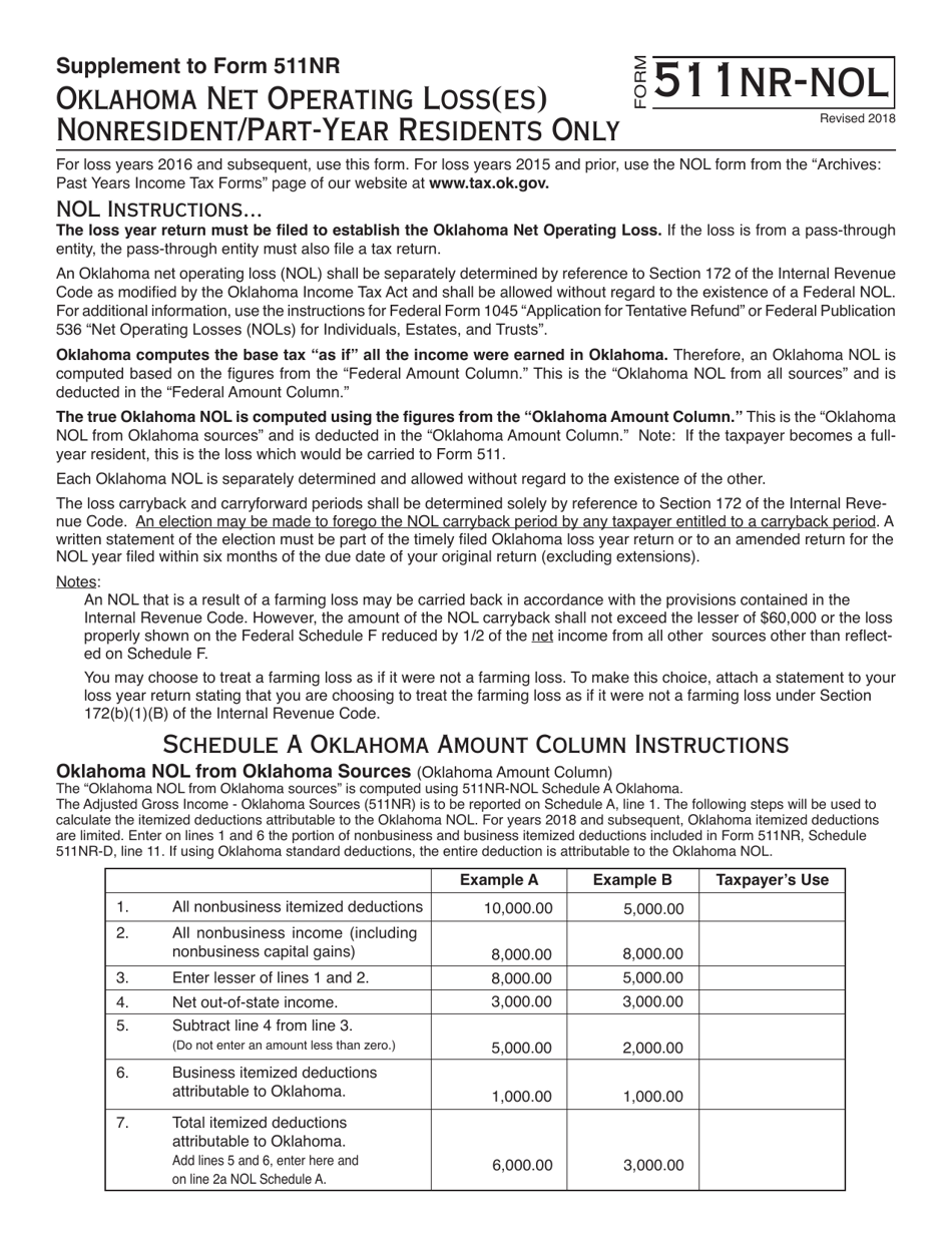 OTC Form 511NR-NOL Oklahoma Net Operating Loss(Es) Nonresident / Part-Year Residents Only - Oklahoma, Page 1