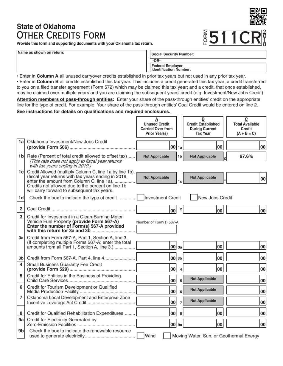 OTC Form 511CR Other Credits Form - Oklahoma, Page 1