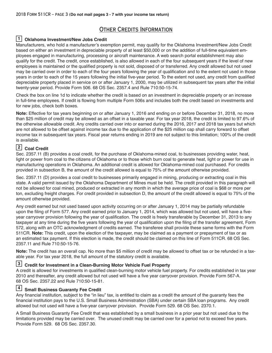 OTC Form 511CR Other Credits Form - Oklahoma, Page 3