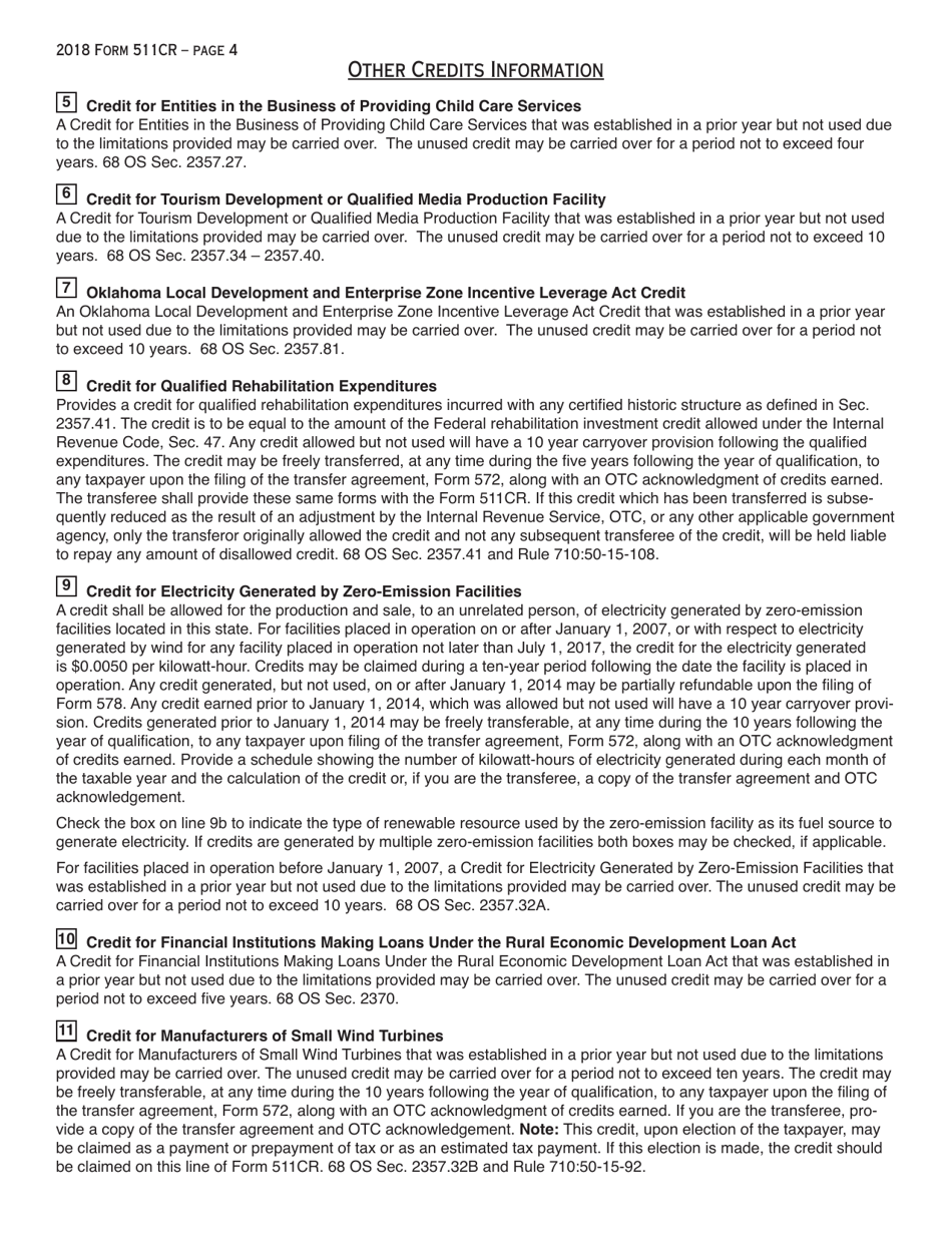 OTC Form 511CR Other Credits Form - Oklahoma, Page 4