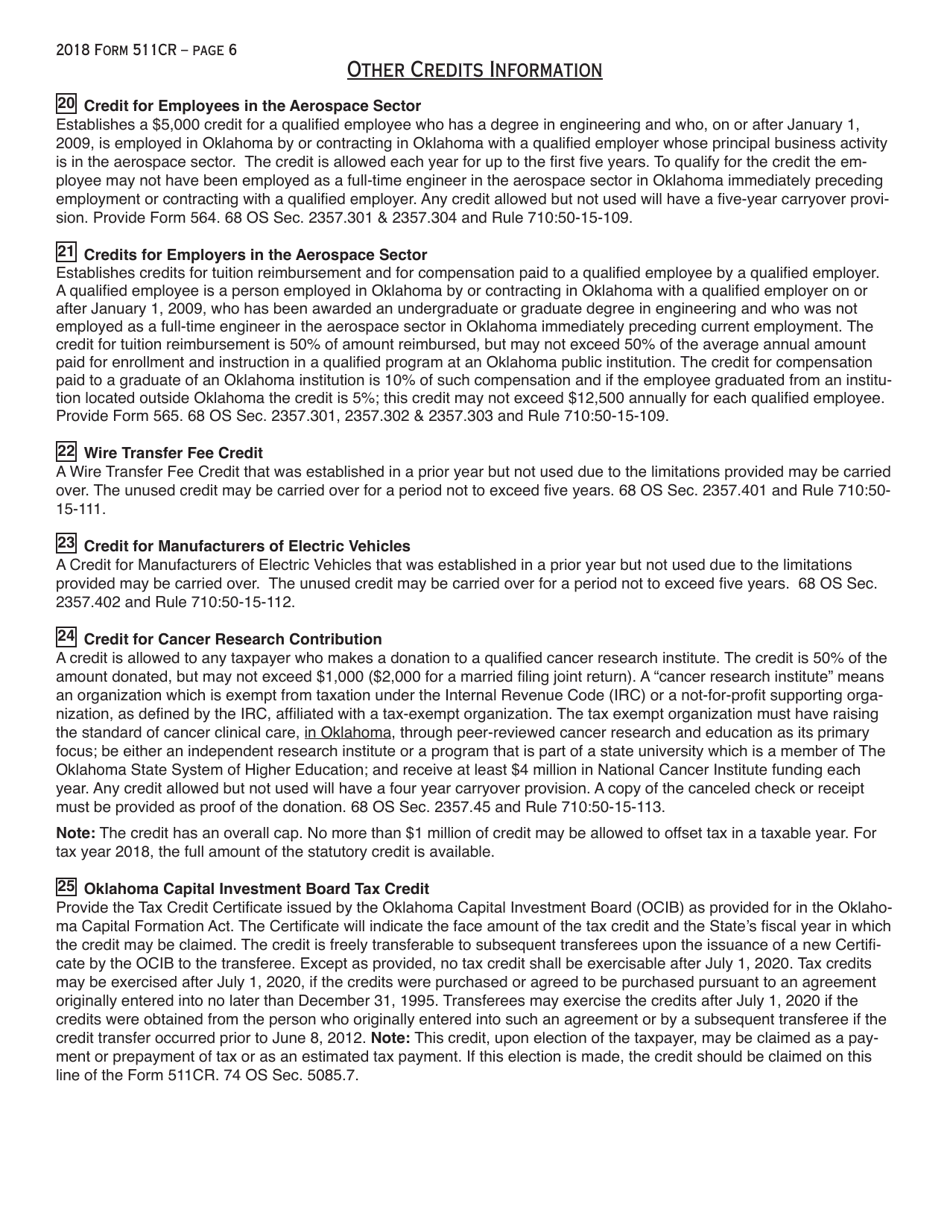 OTC Form 511CR Other Credits Form - Oklahoma, Page 6