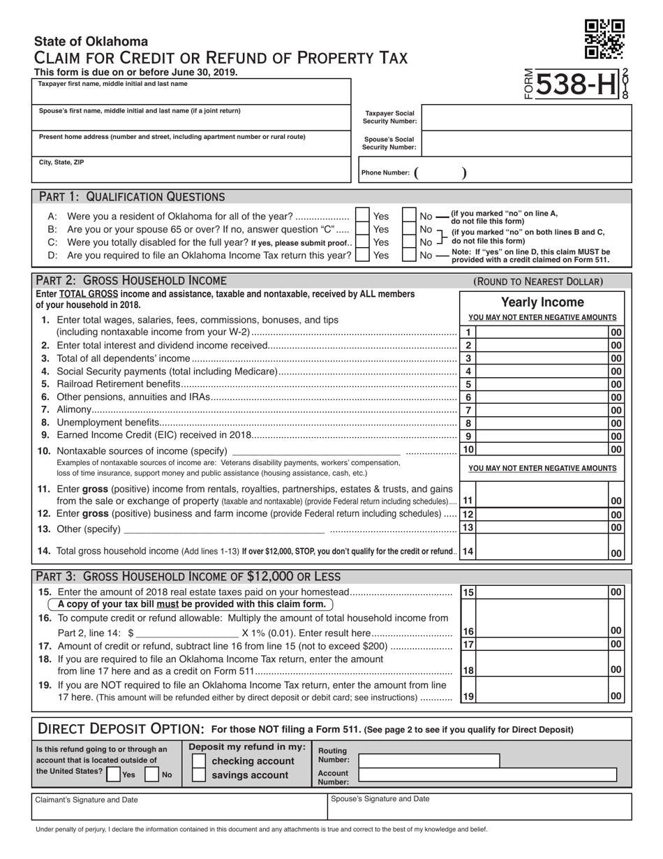 OTC Form 538-H Claim for Credit or Refund of Property Tax - Oklahoma, Page 1