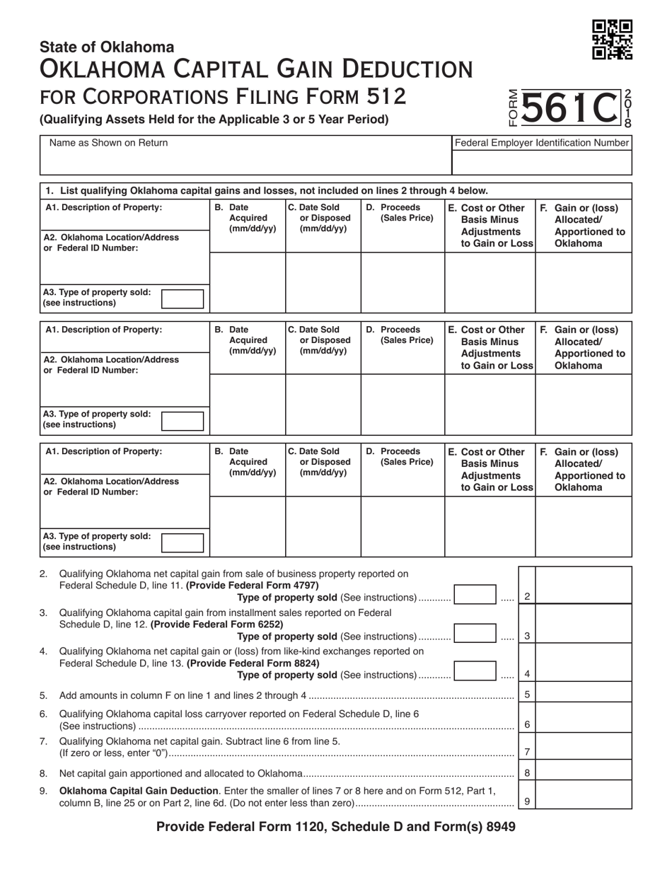 OTC Form 561C Oklahoma Capital Gain Deduction for Corporations Filing Form 512 - Oklahoma, Page 1