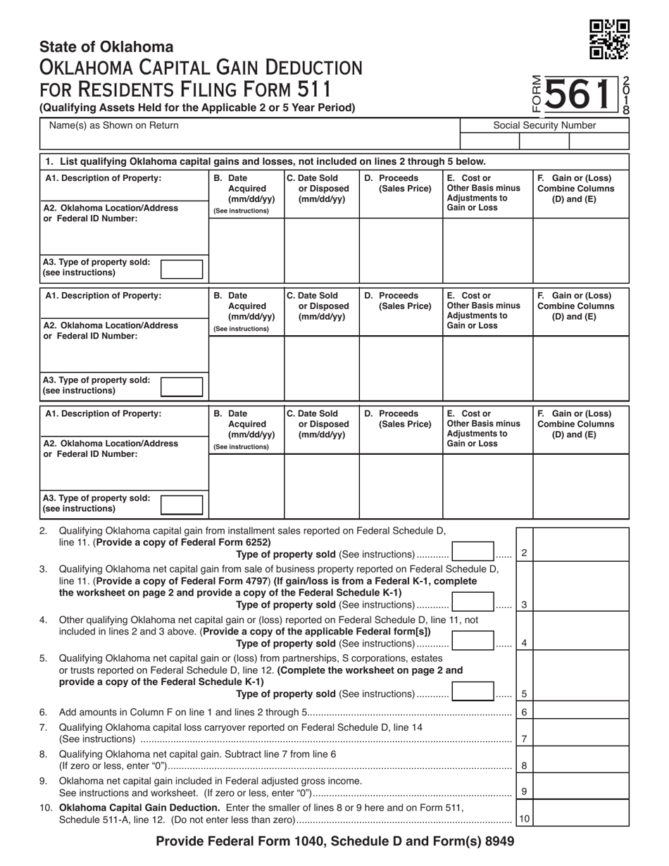 OTC Form 561 Oklahoma Capital Gain Deduction for Residents Filing Form 511 - Oklahoma, Page 1