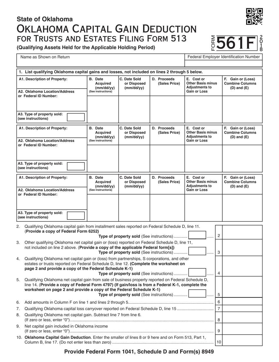 OTC Form 561F Oklahoma Capital Gain Deduction for Trusts and Estates Filing Form 513 (Qualifying Assets Held for the Applicable Holding Period) - Oklahoma, Page 1