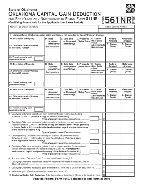 OTC Form 561NR Oklahoma Capital Gain Deduction for Part-Year and Nonresidents Filing Form 511nr (Qualifying Assets Held for the Applicable 2 or 5 Year Period) - Oklahoma, 2018