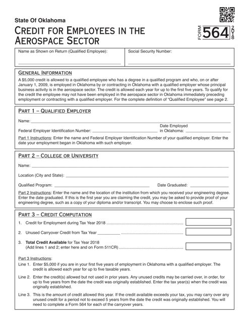 OTC Form 564 Credit for Employees in the Aerospace Sector - Oklahoma, 2018