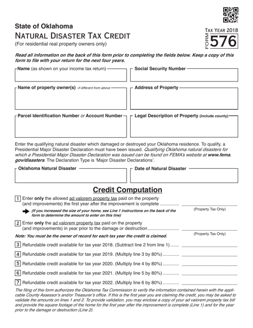 OTC Form 576 Natural Disaster Tax Credit - Oklahoma, 2018