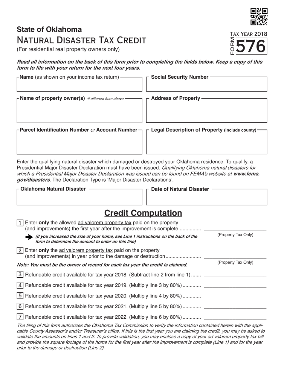 OTC Form 576 Natural Disaster Tax Credit - Oklahoma, Page 1