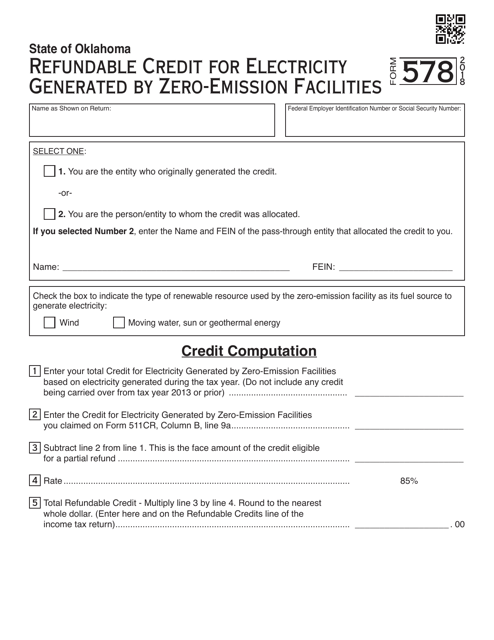 OTC Form 578 Refundable Credit for Electricity Generated by Zero-Emission Facilities - Oklahoma, 2018