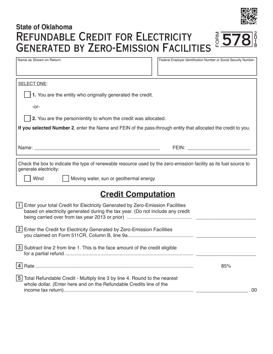 OTC Form 578 Refundable Credit for Electricity Generated by Zero-Emission Facilities - Oklahoma, Page 1