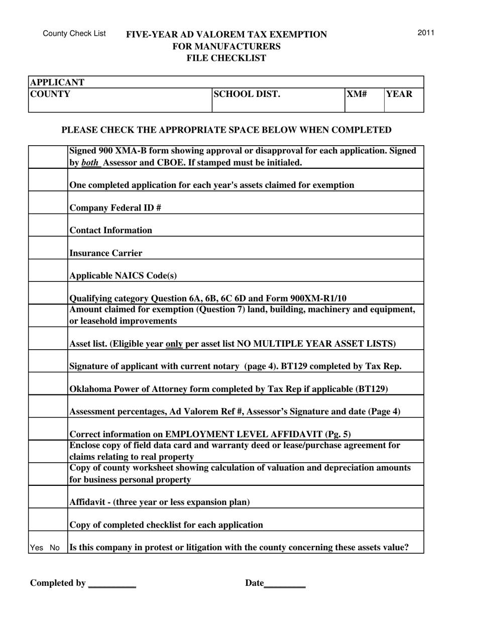 Oklahoma FiveYear Ad Valorem Tax Exemption for Manufacturers File