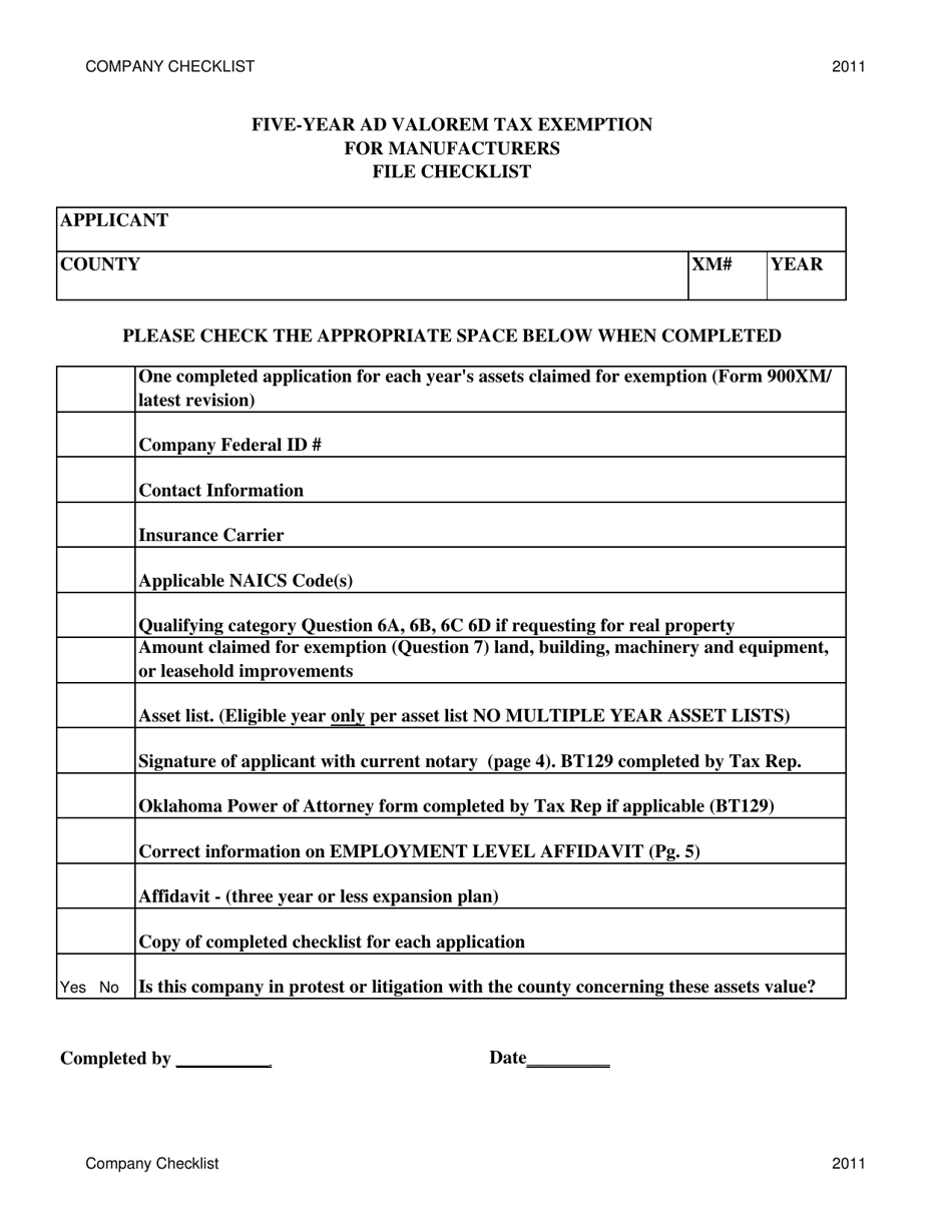 Five-Year Ad Valorem Tax Exemption for Manufacturers File Checklist - Oklahoma, Page 2