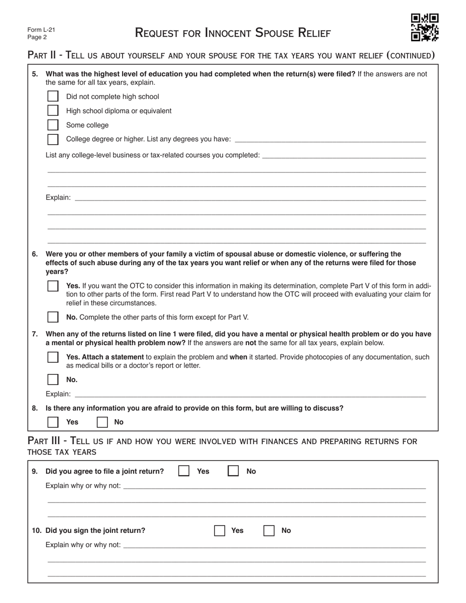 OTC Form L-21 Request for Innocent Spouse Relief - Oklahoma, Page 3