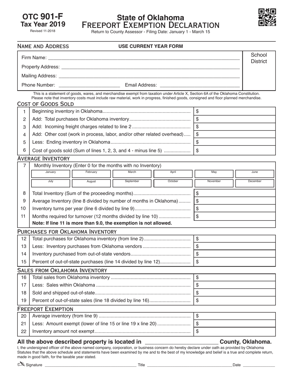 OTC Form 901-F Freeport Exemption Declaration - Oklahoma, Page 1