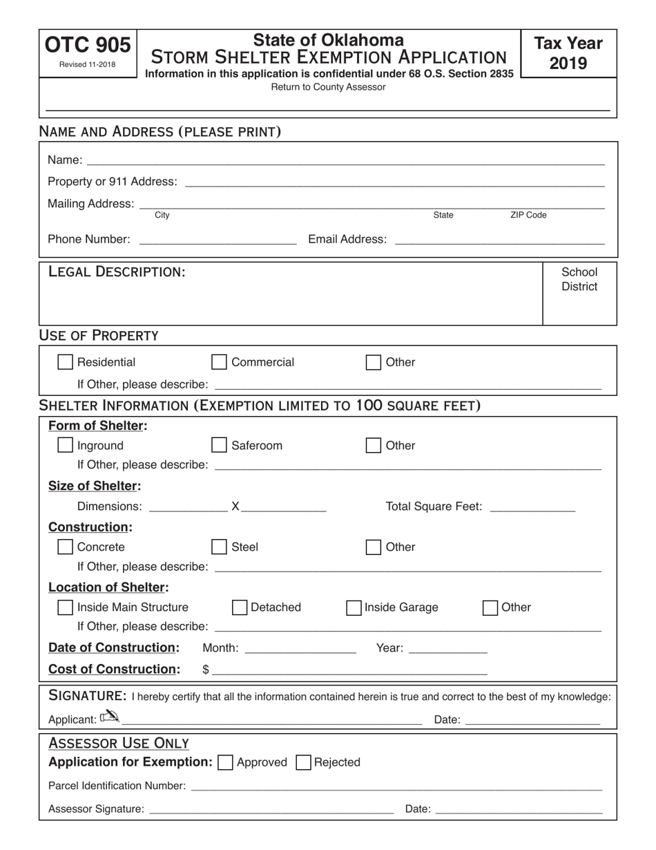 OTC Form 905 Storm Shelter Exemption Application - Oklahoma, Page 1