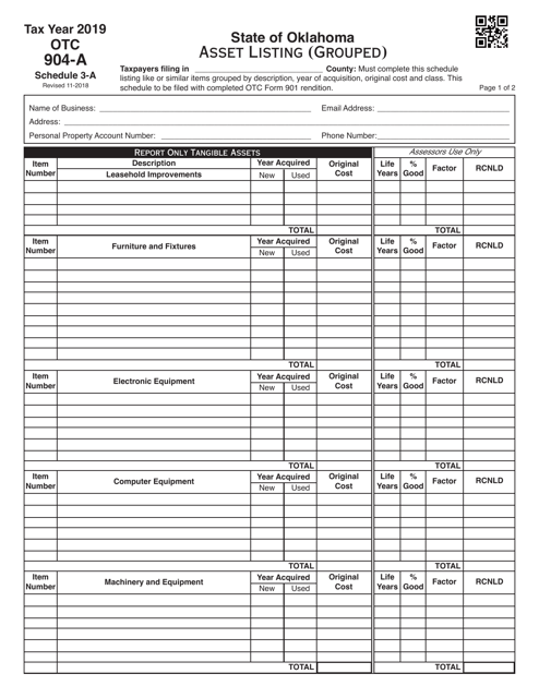 OTC Form 904-A Schedule 3-A 2019 Printable Pdf