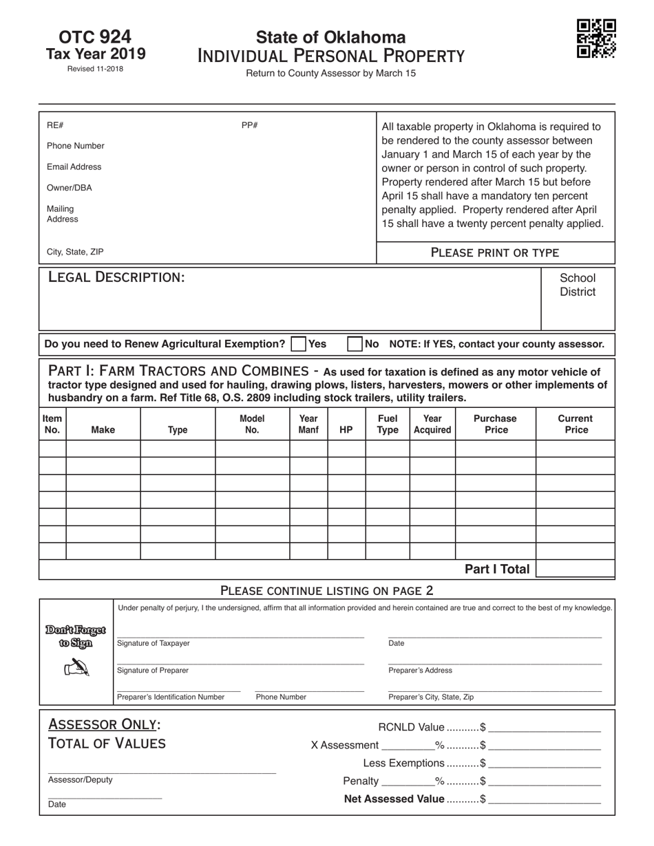 OTC Form 924 Individual Personal Property - Oklahoma, Page 1