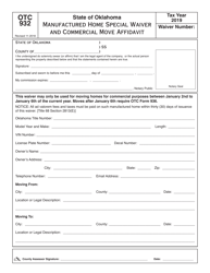 Document preview: OTC Form OTC932 Manufactured Home Special Waiver and Commercial Move Affidavit - Oklahoma, 2019