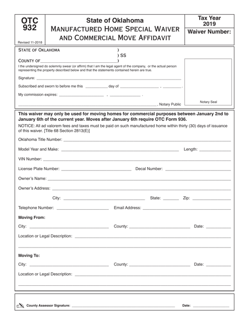OTC Form OTC932 Manufactured Home Special Waiver and Commercial Move Affidavit - Oklahoma, 2019
